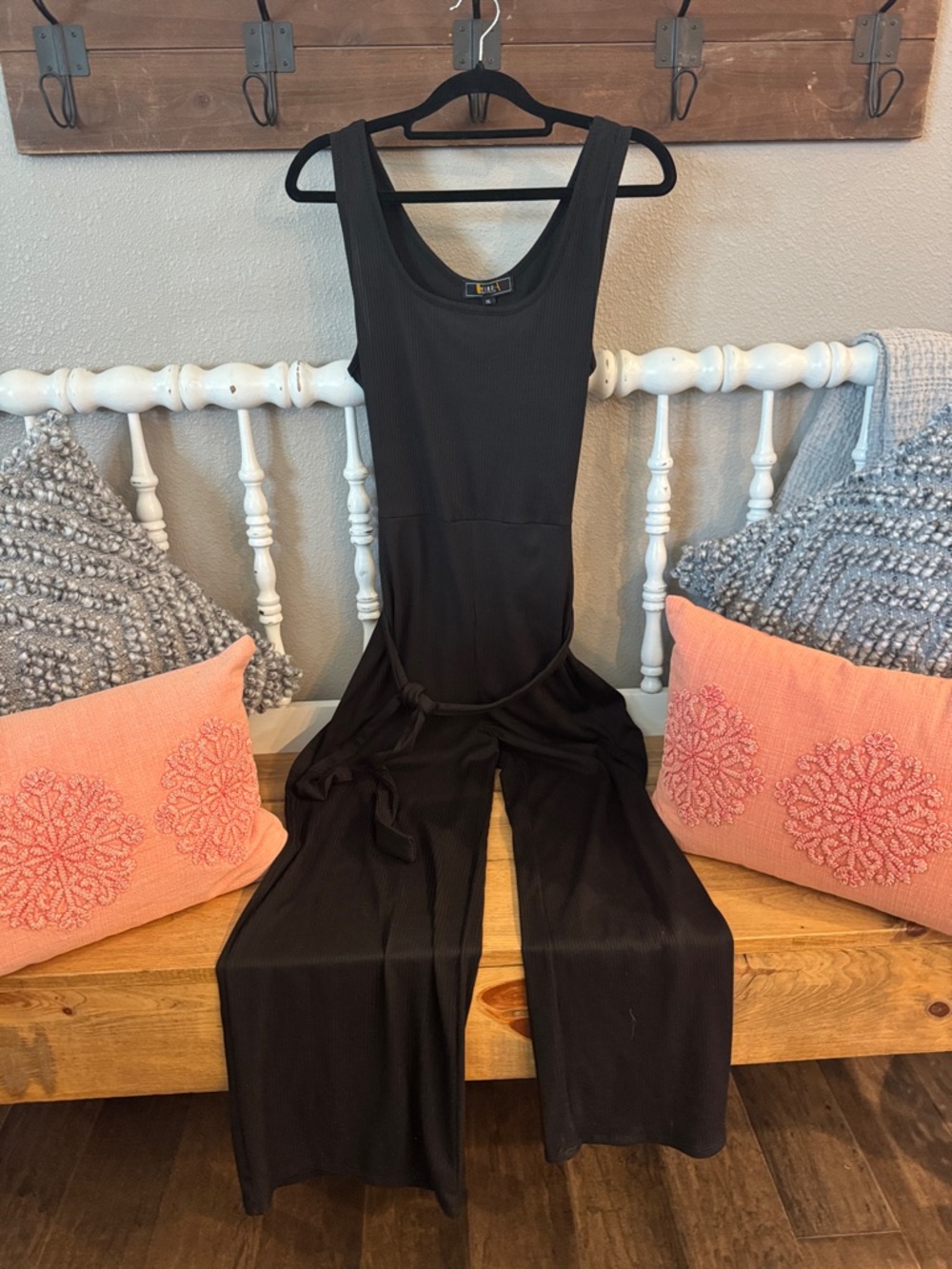 Vibe Black Ribbed Sleeveless Jumpsuit with Tie Waist